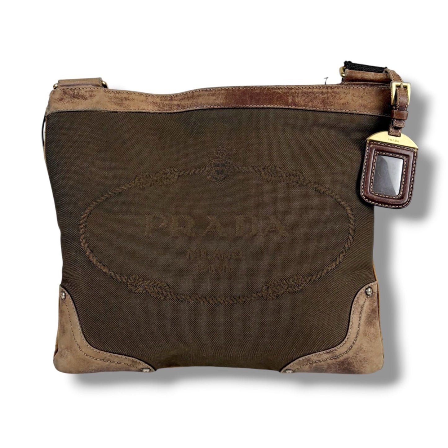 Prada Logo Jacquard Shoulder Bag Cross Canvas Brown Khaki — view 2