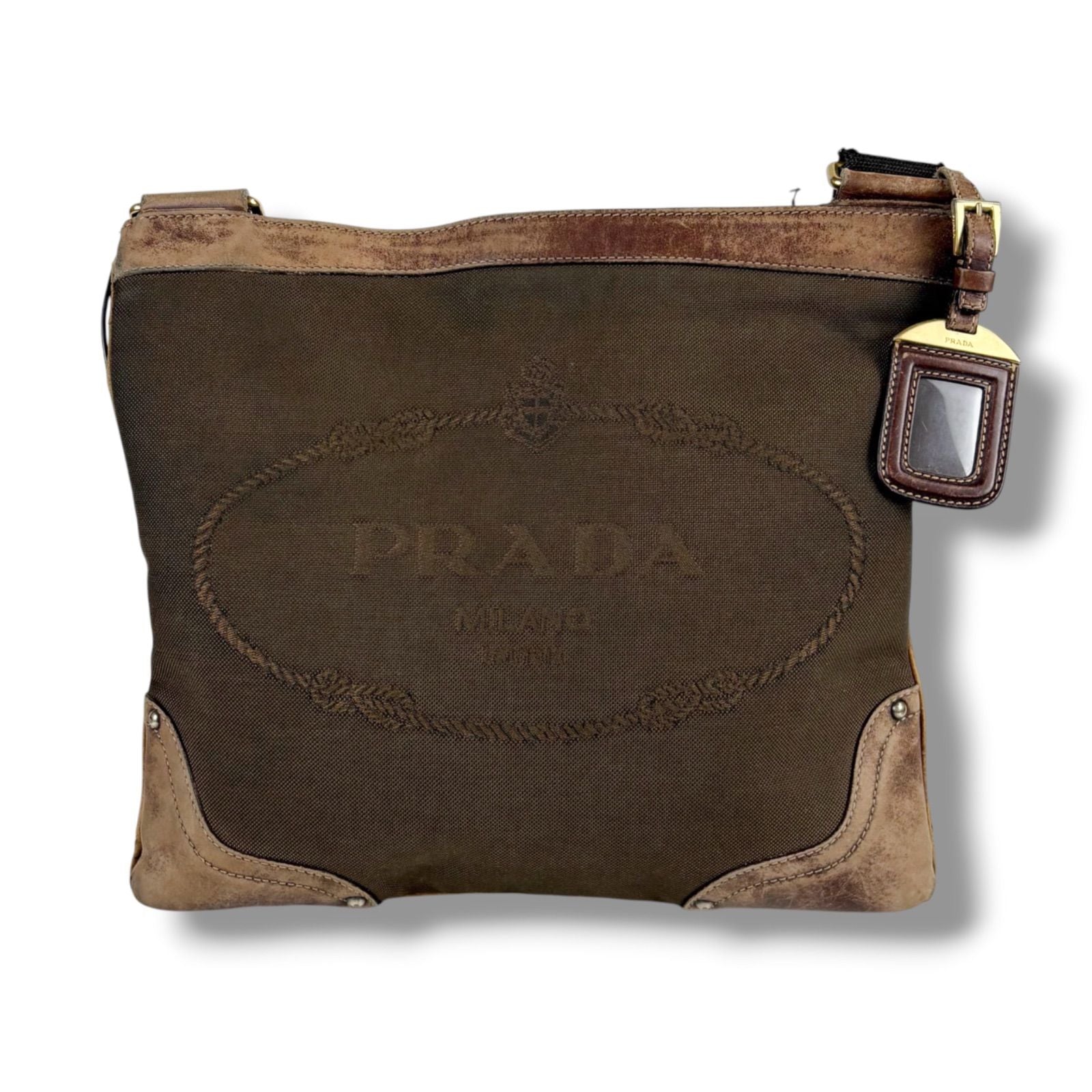 Prada Logo Jacquard Shoulder Bag Cross Canvas Brown Khaki — view 2