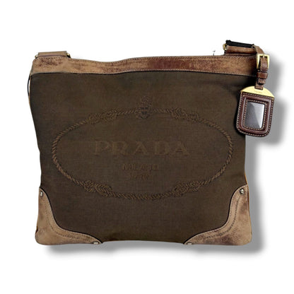 Prada Logo Jacquard Shoulder Bag Cross Canvas Brown Khaki — view 2