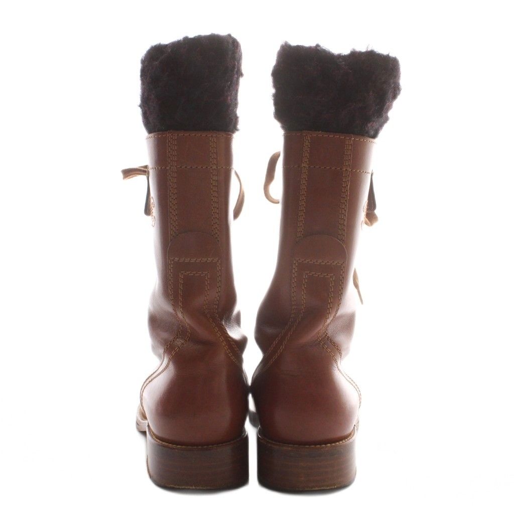 Chanel Lace Up Combat Boots Middle Heels Leather CC Logo Embroidery 37 Brown BB — view 3
