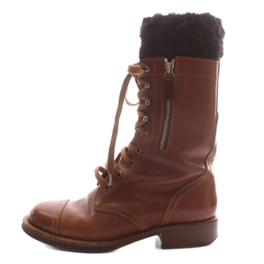 Chanel Lace Up Combat Boots Middle Heels Leather CC Logo Embroidery 37 Brown BB