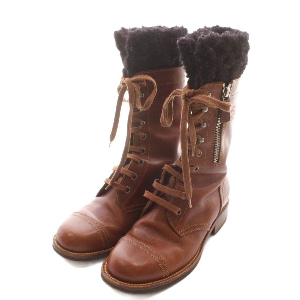 Chanel Lace Up Combat Boots Middle Heels Leather CC Logo Embroidery 37 Brown BB — view 2