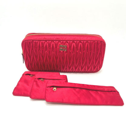 Miu Travel Pouch Logo Matelasse Satin Canvas Red
