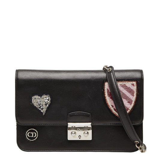 Dior Crossbody Chain Patch Shoulder Bag Black Pink Leather Sequins