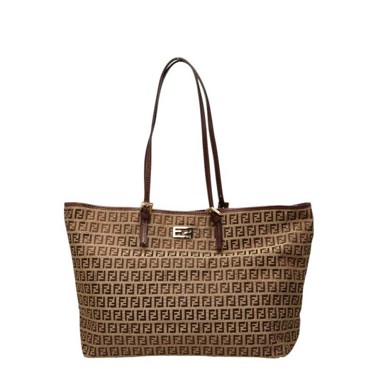 Fendi Zucchino Tote Beige Brown Canvas Leather