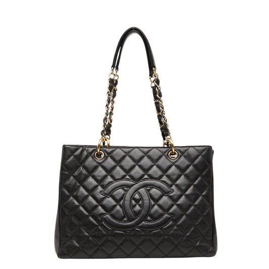 Chanel CC Logo Quilted Grand Shopping Tote GST Shoulder Bag Black Caviar