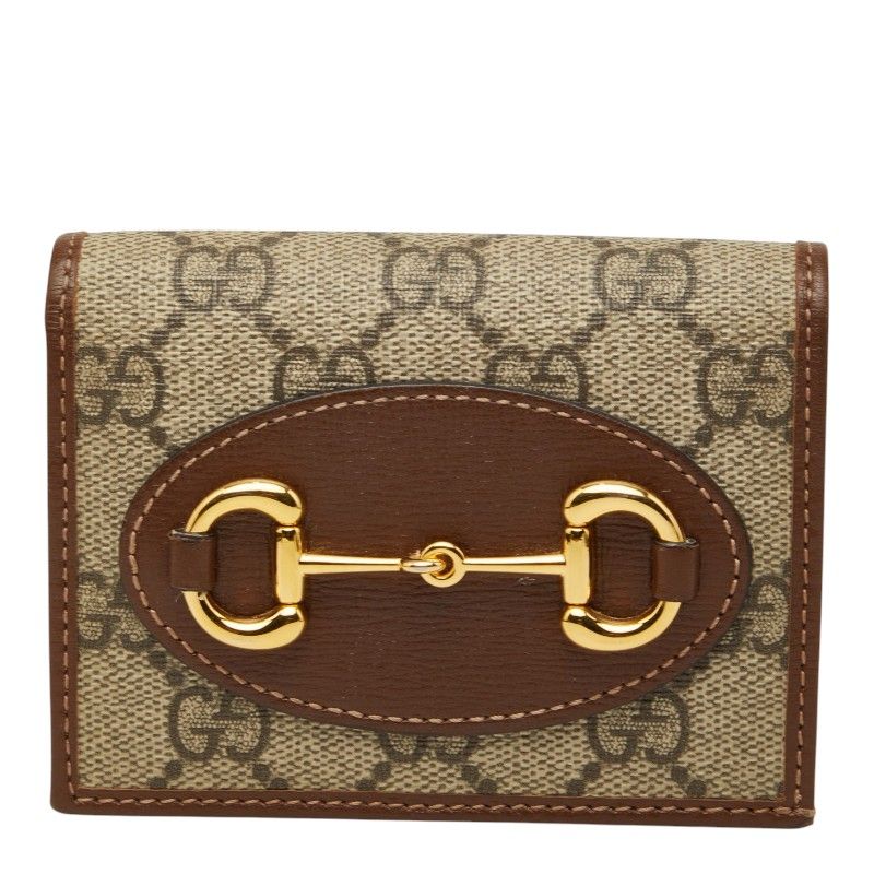 Gucci GG Supreme Horsebit Bifold Wallet Compact Beige Brown Leather