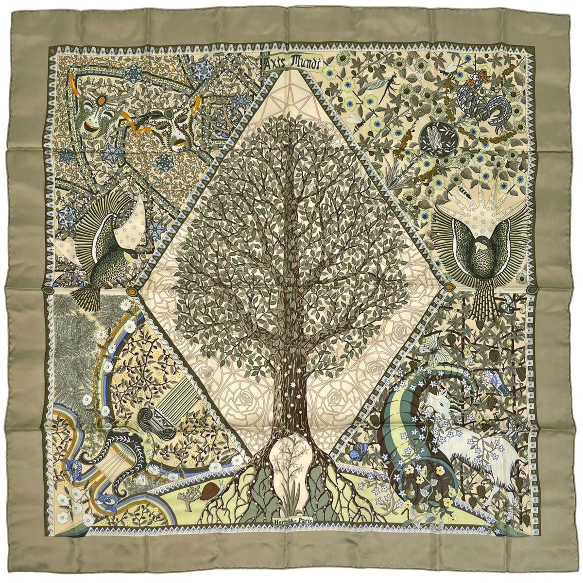 Hermes Carre 90 Axis Mundi of the World Scarf Silk Gray Multicolor
