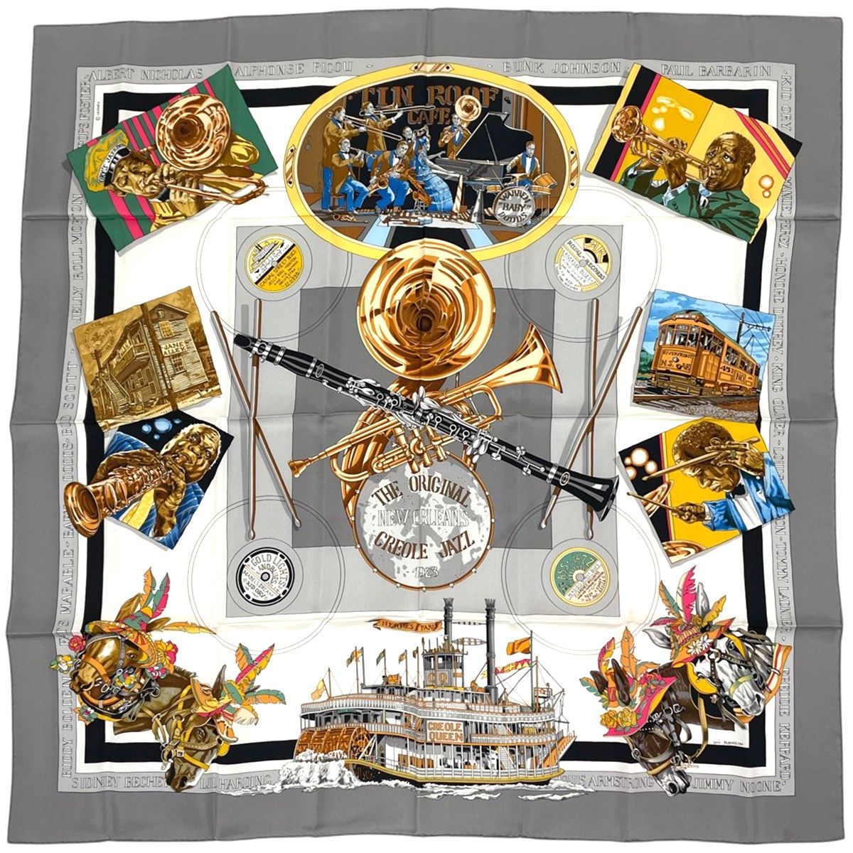 Hermes Carre 90 the Original New Orleans Creole Jazz Cles All Scarf Silk Gray