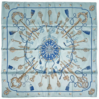 Hermes Carre 90 Key Pattern Key Scarf Silk Blue Brown