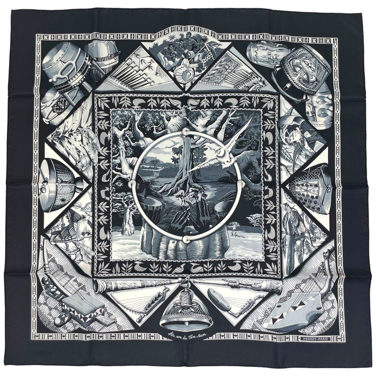 Hermes Carre 90 Au Son du Tam Scarf Silk Black White