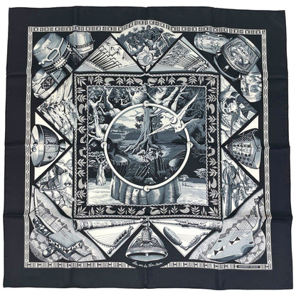 Hermes Carre 90 Au Son du Tam Scarf Silk Black White
