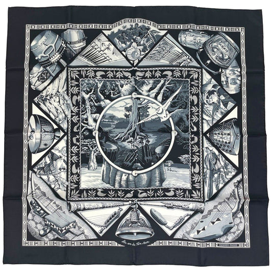 Hermes Carre 90 Au Son du Tam Scarf Silk Black White