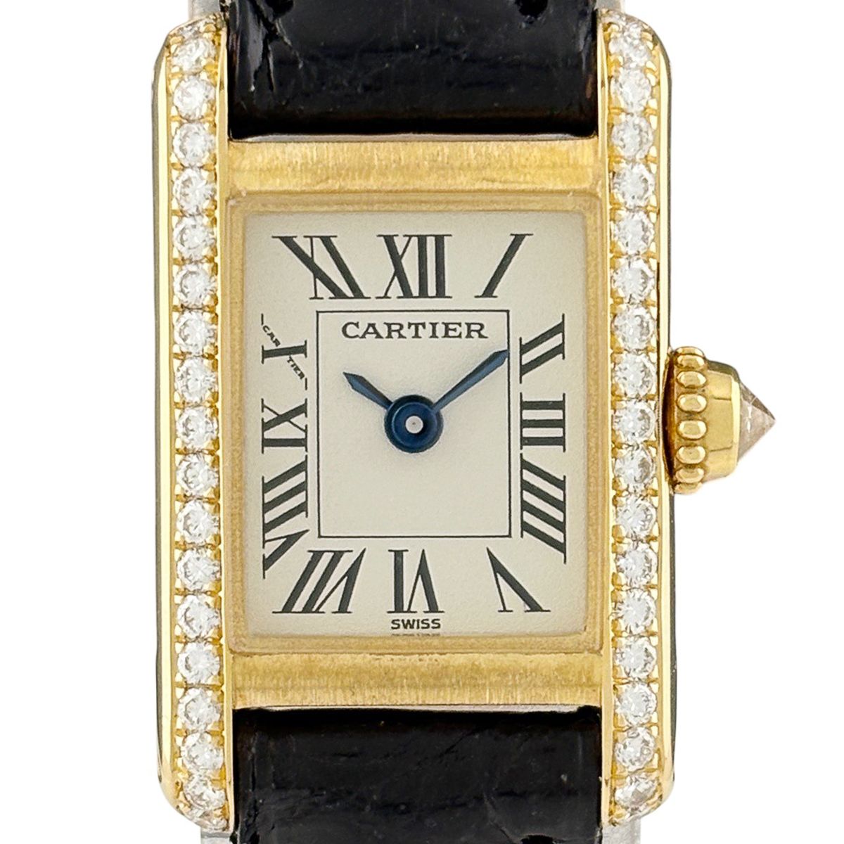 Cartier Tank Mini Watch YG Diamond Leather Quartz Silver