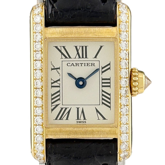 Cartier Tank Mini Watch YG Diamond Leather Quartz Silver