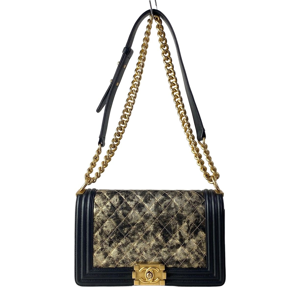 Chanel Shoulder Bag Body 25 Black Gold Chain Metallic Leather