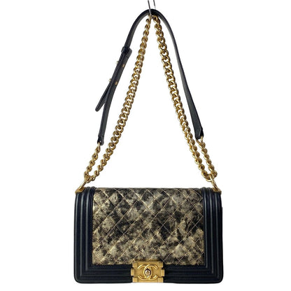Chanel Shoulder Bag Body 25 Black Gold Chain Metallic Leather