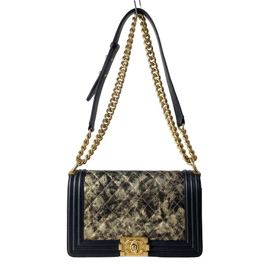 Chanel Shoulder Bag Body 25 Black Gold Chain Metallic Leather