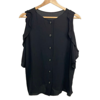 Chanel Sleeveless Top 48 XL Black Crew Neck Silk Ruffle