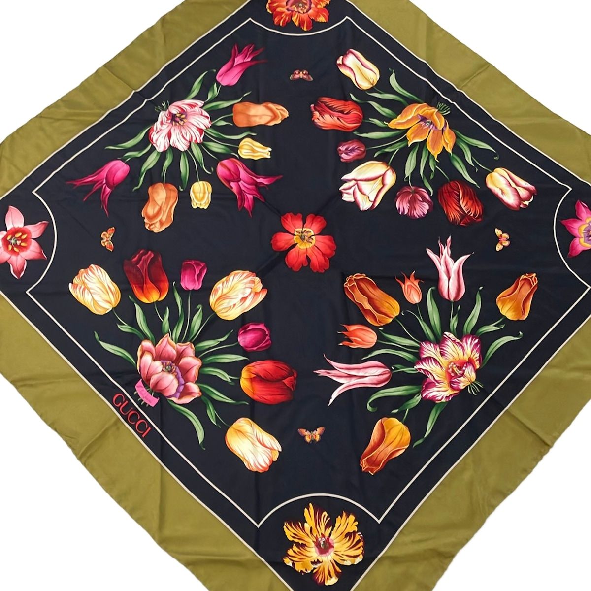 Gucci Scarf Dark Navy Khaki Multi Floral Pattern