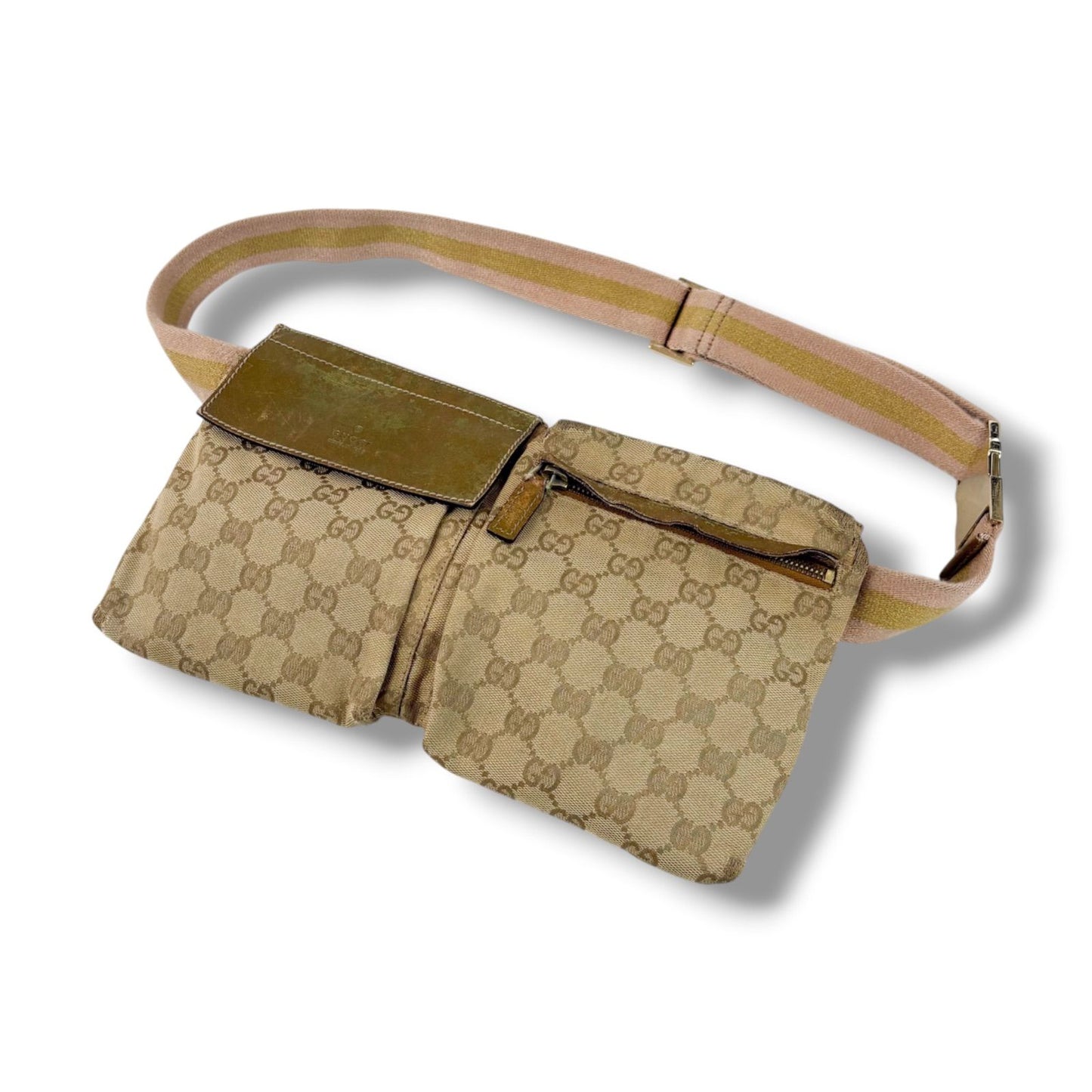 Gucci GG Canvas Waist Pouch Cross Belt Bag Sherry Line Beige Gold