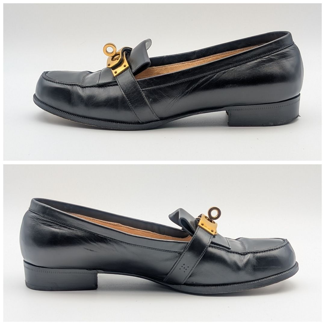 Hermes Kelly Leather Black Pumps Gold Heel — view 2