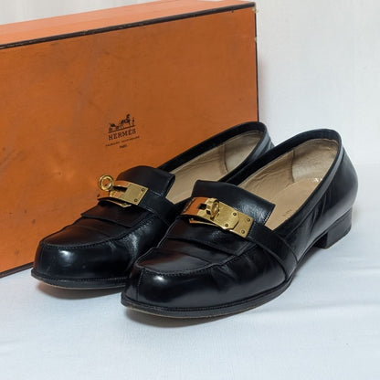 Hermes Kelly Leather Black Pumps Gold Heel