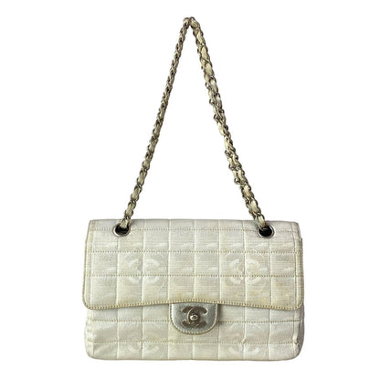 Chanel Shoulder Bag New Travel Line Choco Bar Silver White Chain Leather