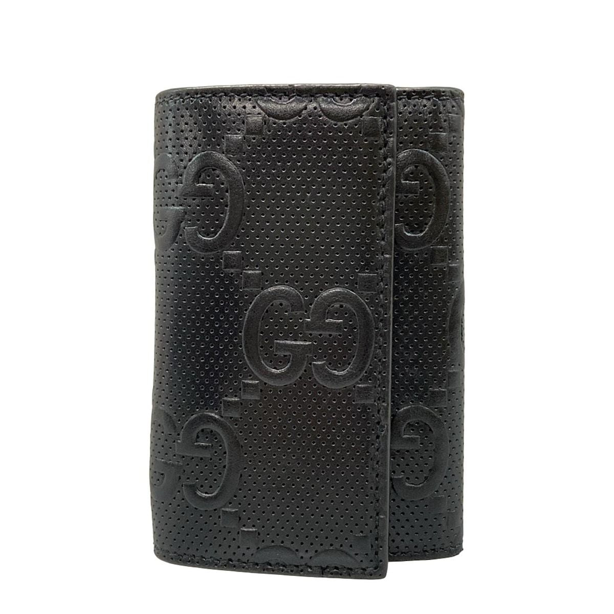 Gucci Key Case GG Embossed Black 6 Hooks with Key Ring Leather Key Holder