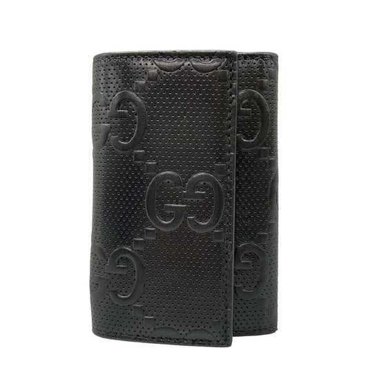 Gucci Key Case GG Embossed Black 6 Hooks with Key Ring Leather Key Holder