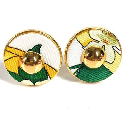 Hermes Earrings All Over Pattern Round Logo Silk Green