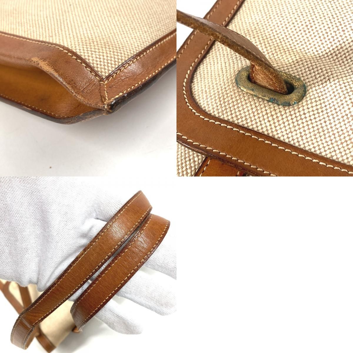 Hermes Shoulder Bag Flap Leather Canvas Beige — view 9
