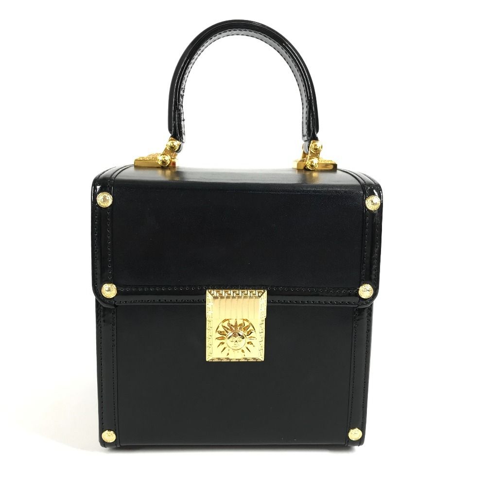 Versace Handbag Sunburst Logo Vanity Bag Leather Black