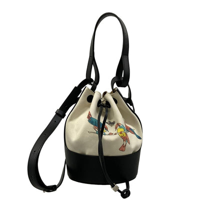 Loewe Shoulder Bag Balloon Small Ivory Black Multi 2-Way Drawstring Bird Leather
