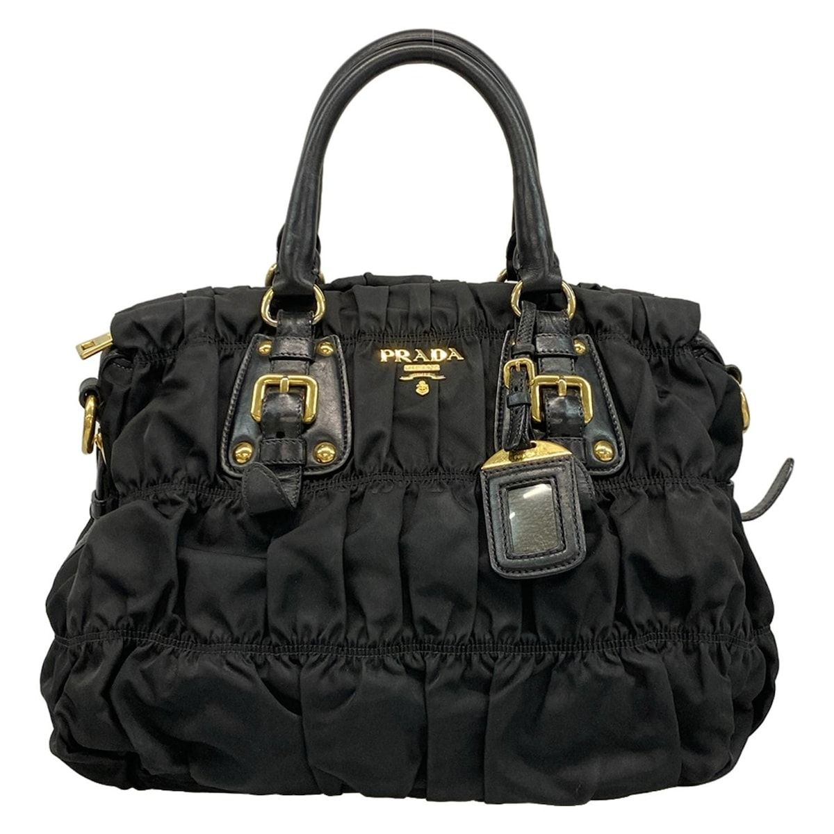 Prada Handbag Gathered Bag Black Leather Tag