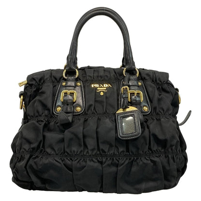 Prada Handbag Gathered Bag Black Leather Tag