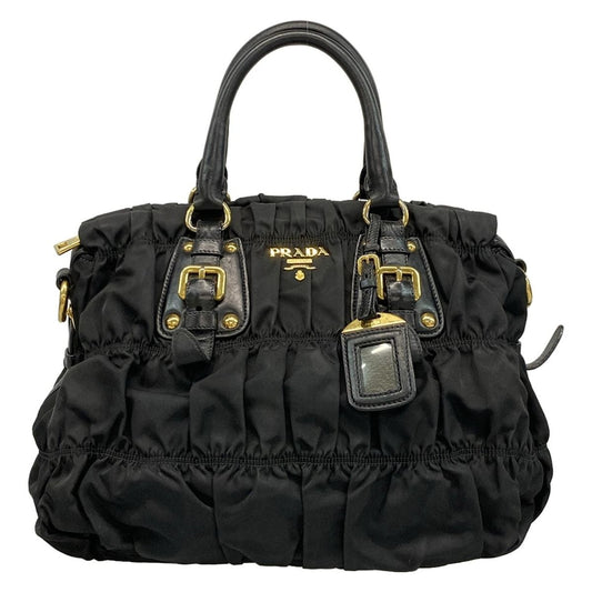 Prada Handbag Gathered Bag Black Leather Tag