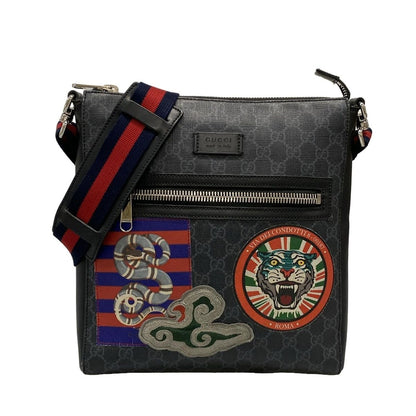 Gucci Shoulder Bag Courier GG Supreme Gray Light Black Leather