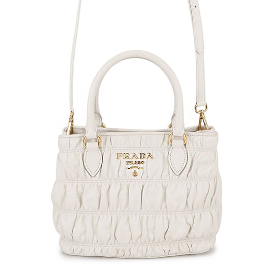 Prada Gathered Logo Leather 2-Way Shoulder Bag White