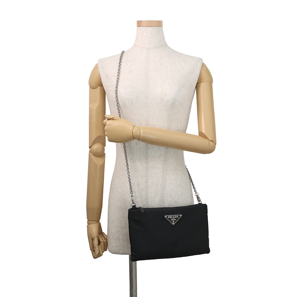 Prada Chain Shoulder Bag Triangle Logo Nylon Black — view 4
