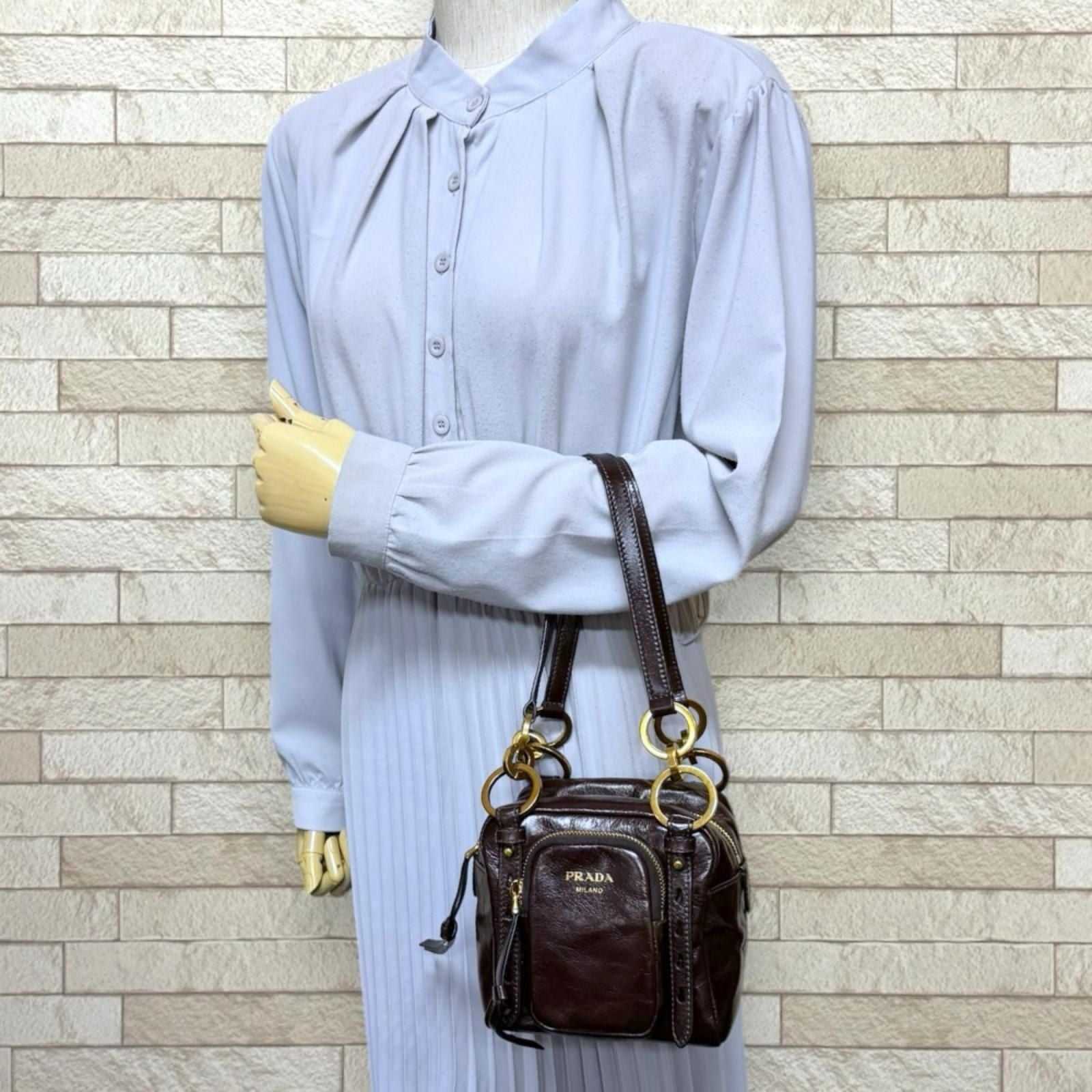 Prada Dangle Top Handle Mini Shoulder Bag Leather Brown — view 2