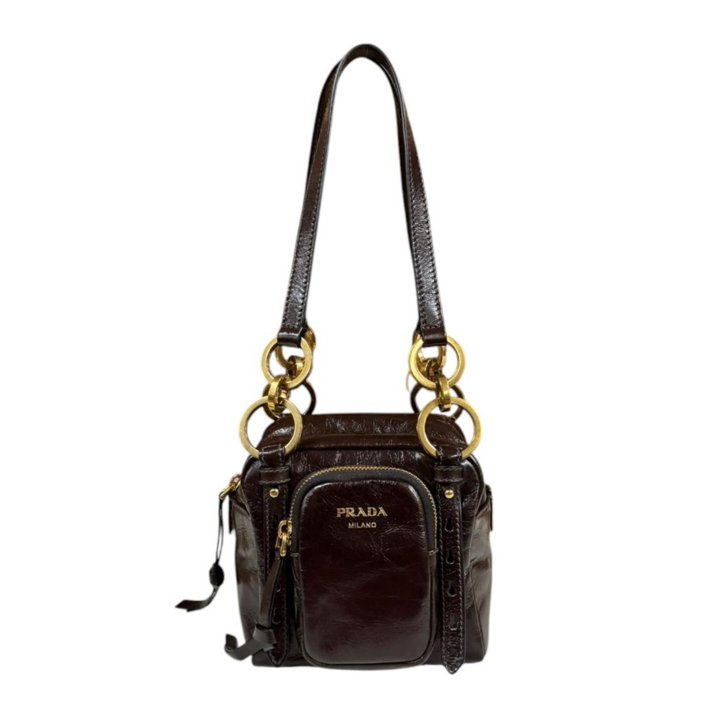 Prada Dangle Top Handle Mini Shoulder Bag Leather Brown