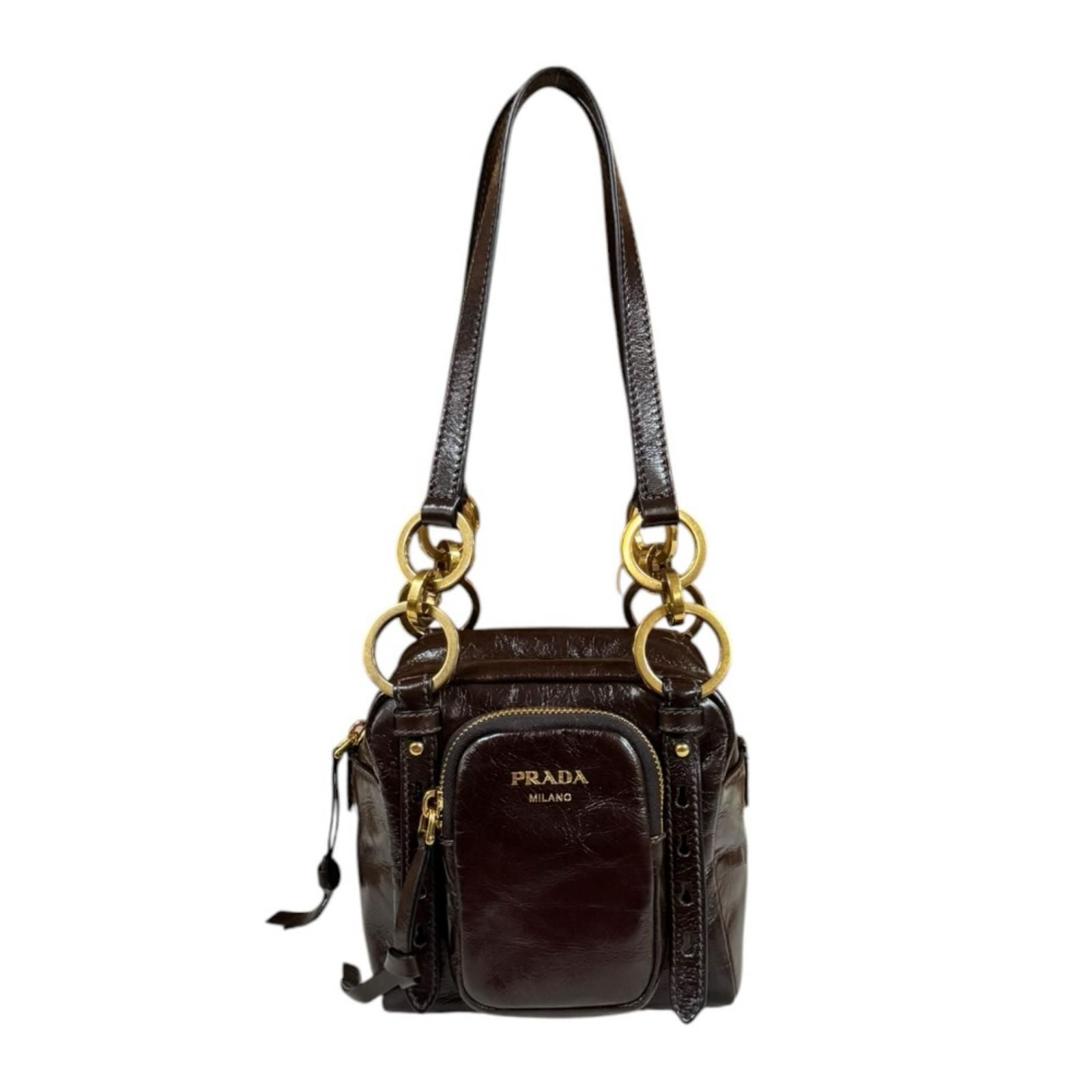 Prada Dangle Top Handle Mini Shoulder Bag Leather Brown