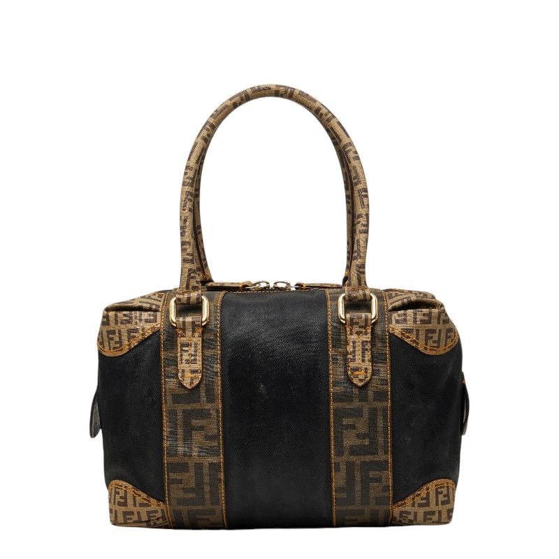 Fendi Zucca Zucchino Mini Boston Bag Shoulder Black Brown Canvas Leather