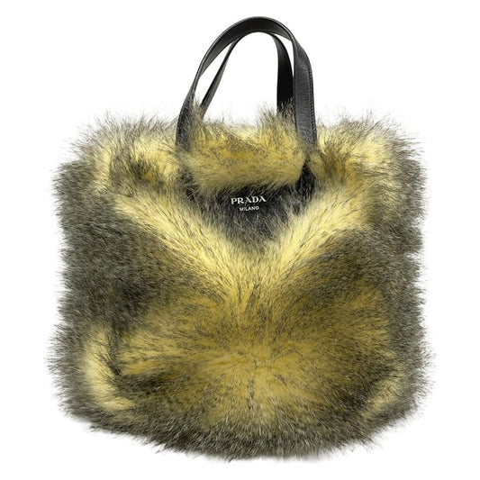 Prada Tote Ivory Black Leather Faux Fur