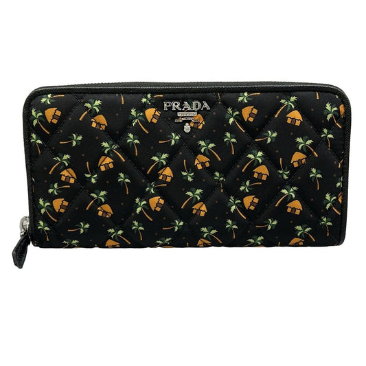 Prada Wallet Black Orange Green Zip Around Palm Tree Pattern Leather