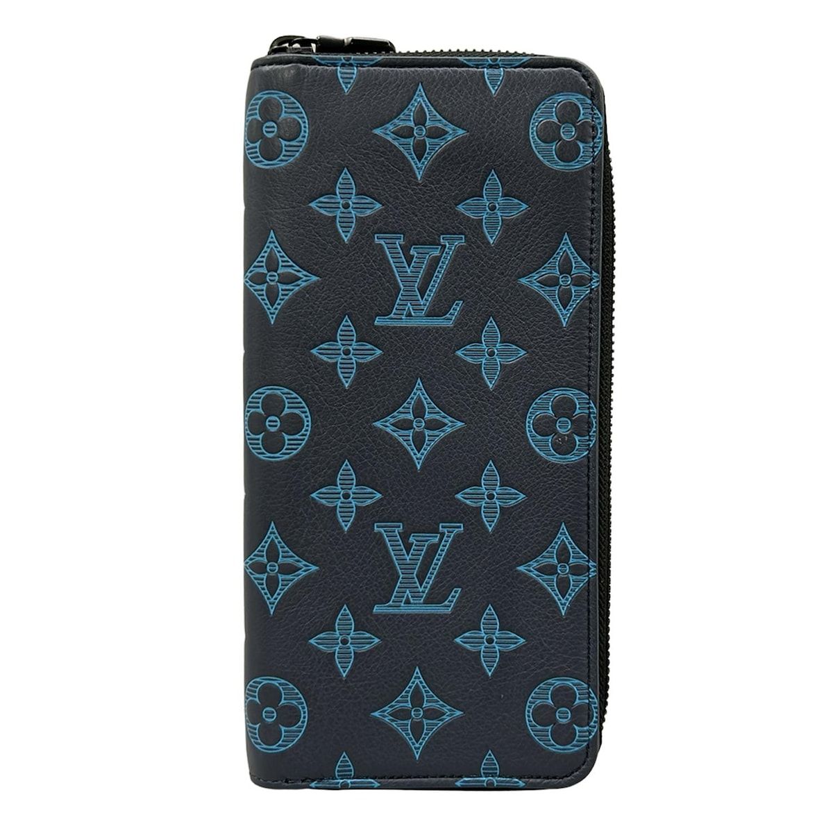 Louis Vuitton Wallet Monogram Shadow Zippy Vertical Blue Navy Ribbon Leather