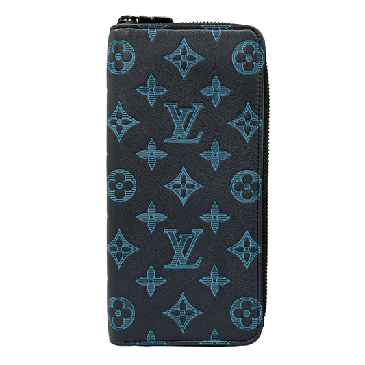 Louis Vuitton Wallet Monogram Shadow Zippy Vertical Blue Navy Ribbon Leather