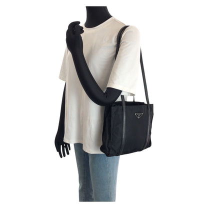 Prada Tessuto Black Silver Nylon Leather Shoulder Bag — view 7