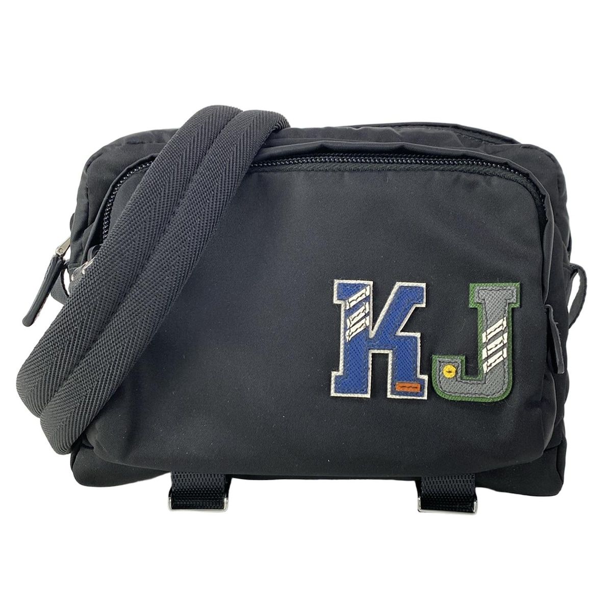 Prada Shoulder Bag Black Navy Multi My Character Initial Attached Leather